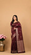 Coffee Brown Kanjivaram Semi Silk Saree | Silver Zari Floral Motifs Wedding Wear