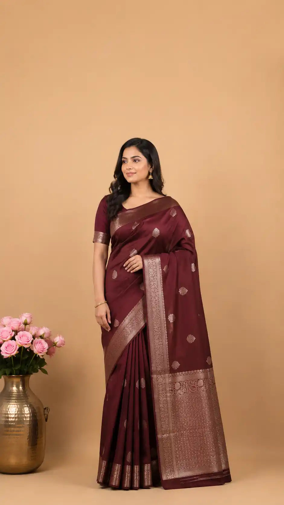 Coffee Brown Kanjivaram Semi Silk Saree | Silver Zari Floral Motifs Wedding Wear