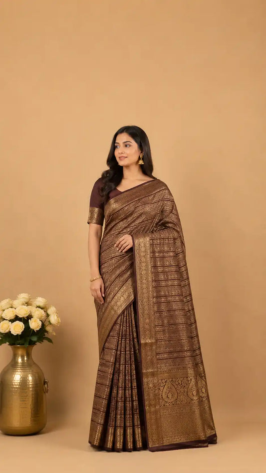 Chocolate Brown Kanjivaram Semi Silk Saree | Designer Zari Work Wedding Wear