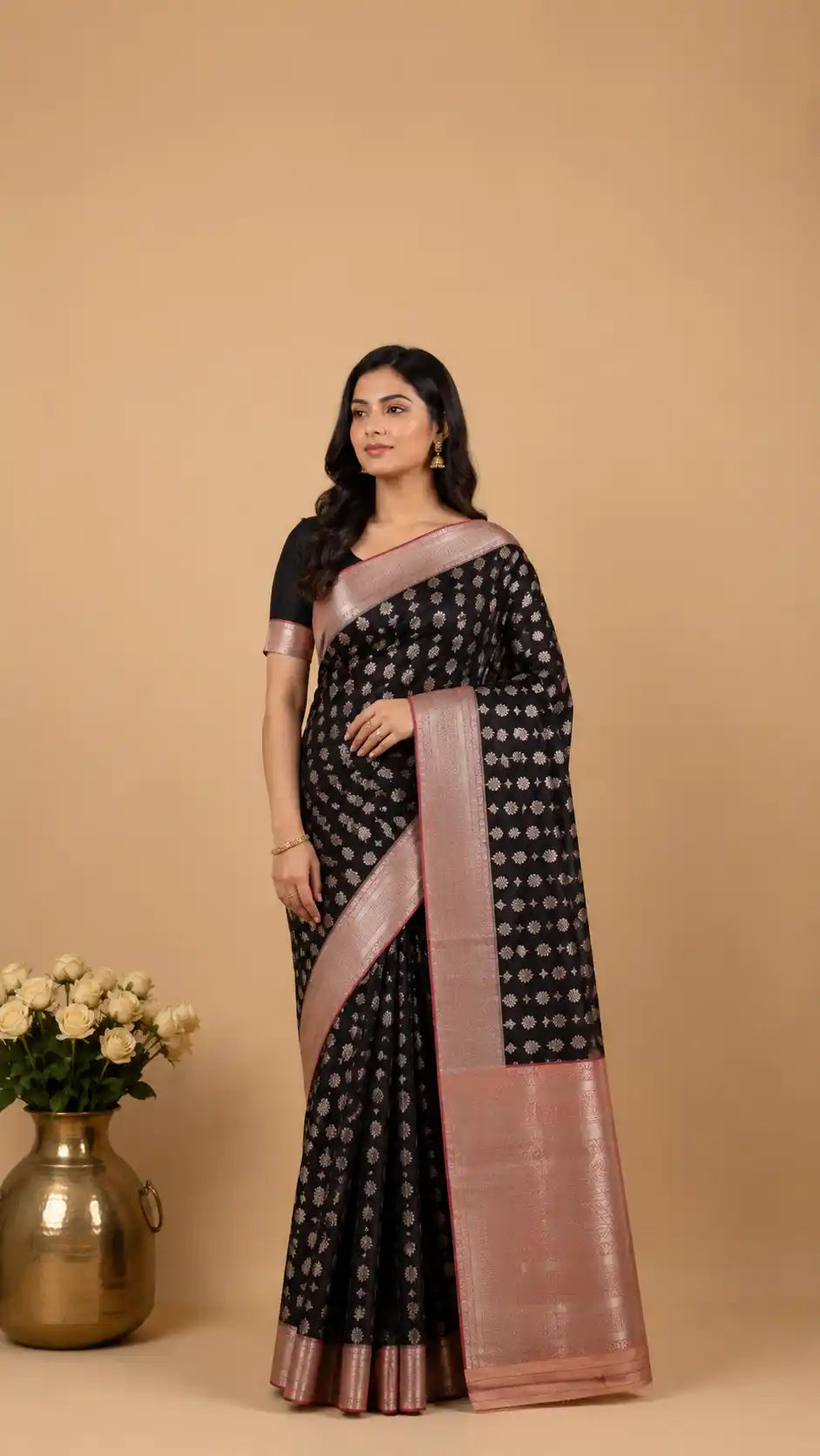 Black & Pink Kanjivaram Semi-Silk Saree | Silver Zari Butti Work