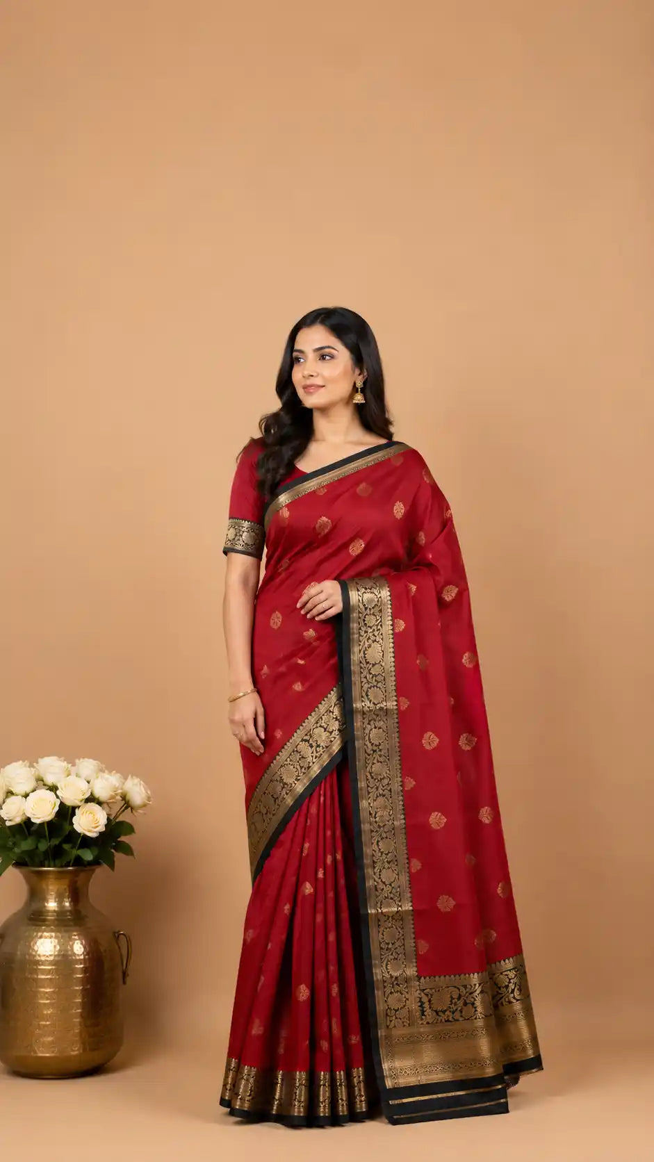 Maroon Kanjivaram Semi-Silk Saree | Black Border & Gold Butti Work