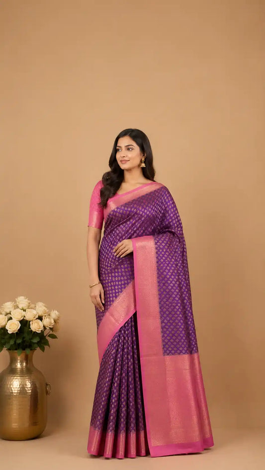 Lavender Kanjivaram Semi-Silk Saree | Pink Contrast Border | Wedding Wear