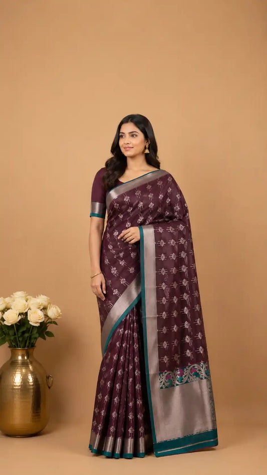 Marron Kanjivaram Semi-Silk Sareesarees with butis | All-Over Zari Butis | Wedding & Festive Wear
