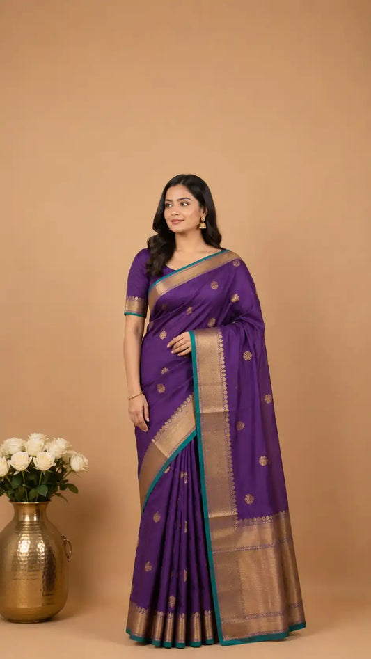 Purple Kanjivaram Semi Silk Saree  | All Over Zari Butis | Wedding & Festive Wear