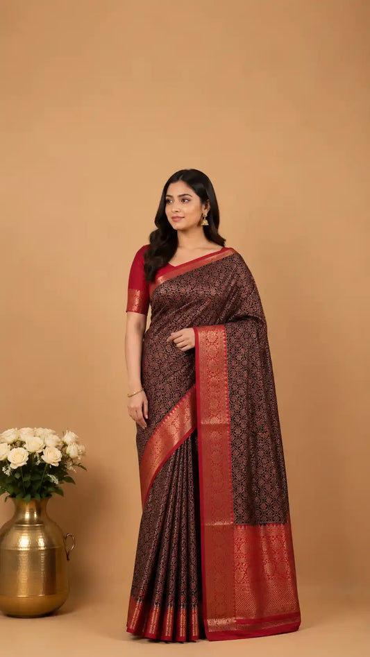 Brocade Kanjivaram Semi-Silk Saree | Contrast Border | Wedding & Party Wear