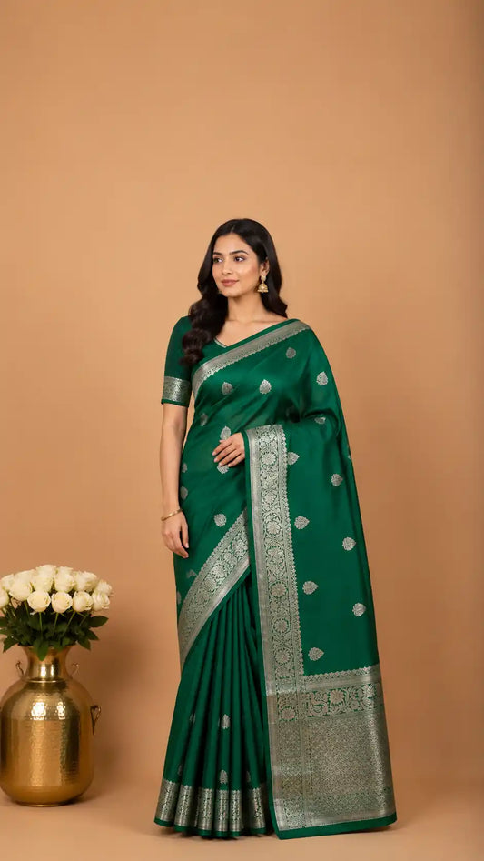 Kanjivaram Semi-Silk Saree With Silver Zari Butis Wedding and Festive Wear