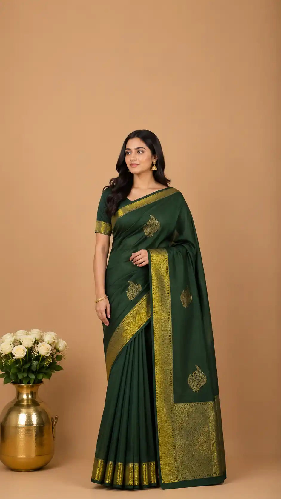 Plain Green Semi-Silk Kanjivaram Saree