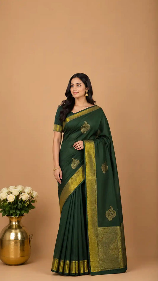 Plain Green Semi-Silk Kanjivaram Saree