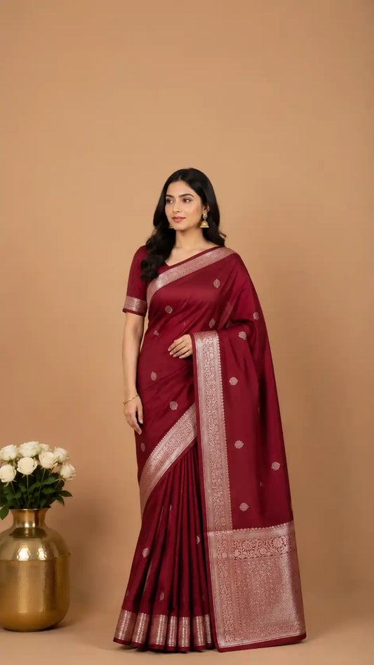 Maroon Kanjivaram Semi-Silk Saree With Beautiful Silver Zari Buti Work Festive Wear