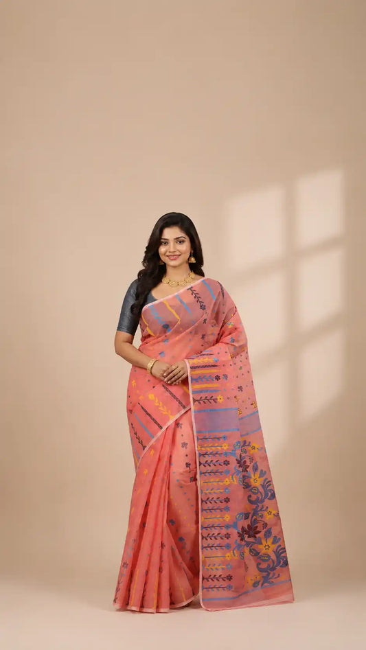 Dhakai Jamdani Saree-Peach