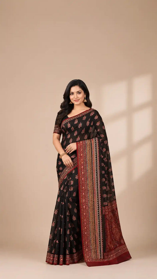 Handcrafted Chanderi Cotton Saree | Ethnic Print & Zari Border