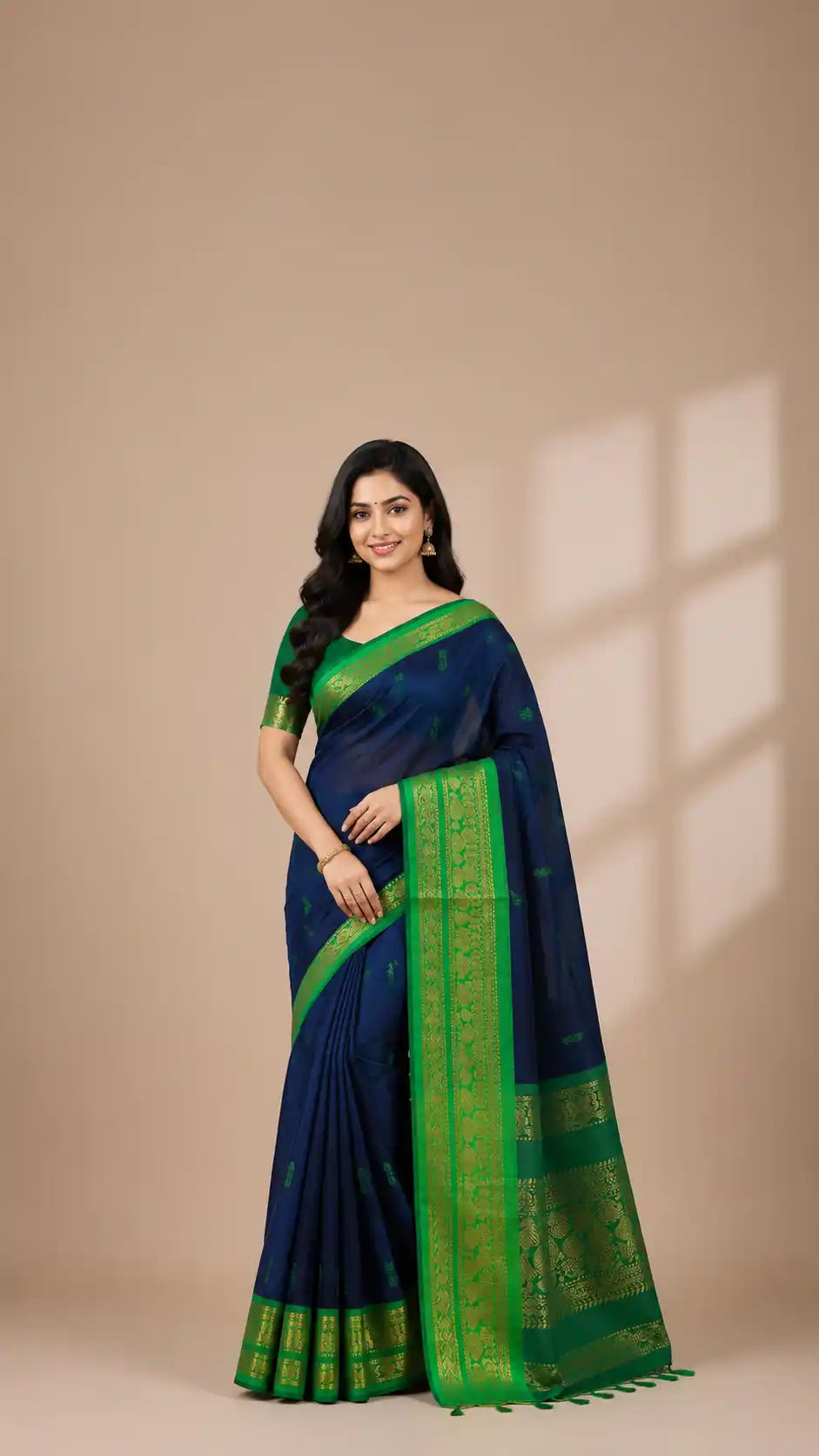 Blue and Green Cotton Silk Saree | Gold Zari Border Silk Cotton | Festive Wear Blue Saree | Contrast Border Designer Saree