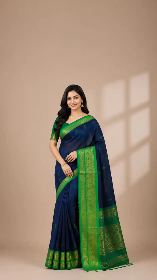 Blue and Green Cotton Silk Saree | Gold Zari Border Silk Cotton | Festive Wear Blue Saree | Contrast Border Designer Saree