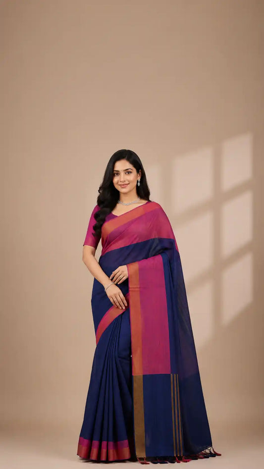 Royal Blue Cotton Silk Saree | Pink Contrast Border Saree | Blue & Pink Party Wear Saree | Lightweight Silk Cotton Saree