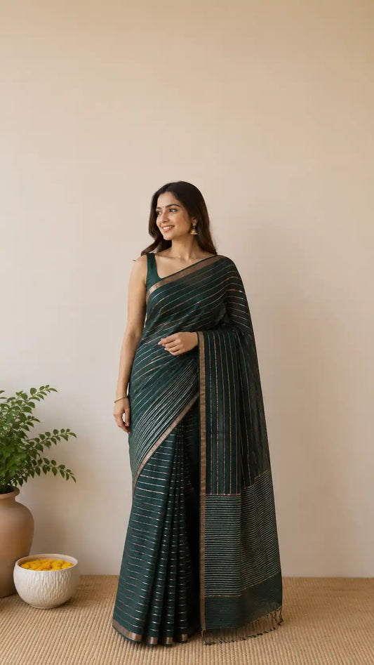 Exclusive silk linen sarees with stripes in gold
