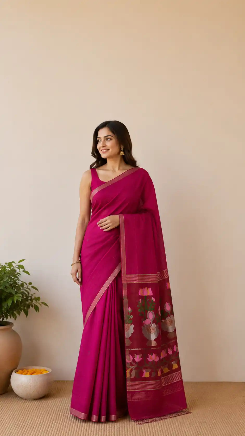 Exclusive silk linen hand jamdani weaving with paithani pallu