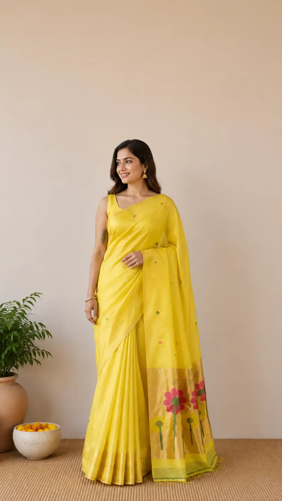 Exclusive tissue silk linen hand jamdani weaving with paithani pallu