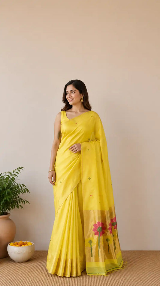 Exclusive tissue silk linen hand jamdani weaving with paithani pallu