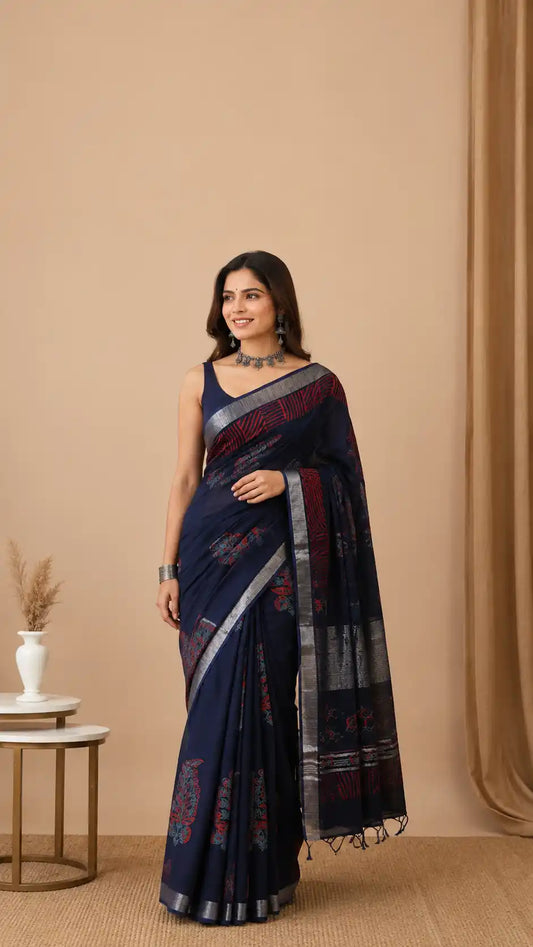 Soft Linen Saree in Blue