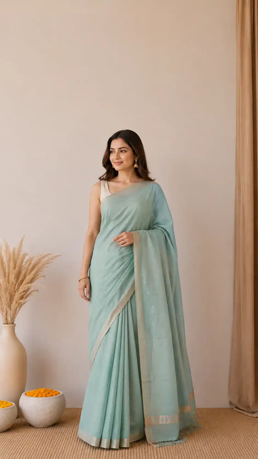 Cotton Linen Silk Saree | Sequence Work & Zari Border | Festive Wear