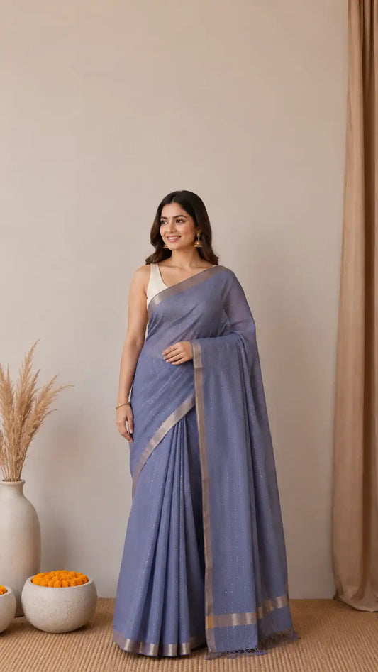 Premium Soft cotton Linen Silk Saree | Sequence Work & Zari Border | Festive Wear