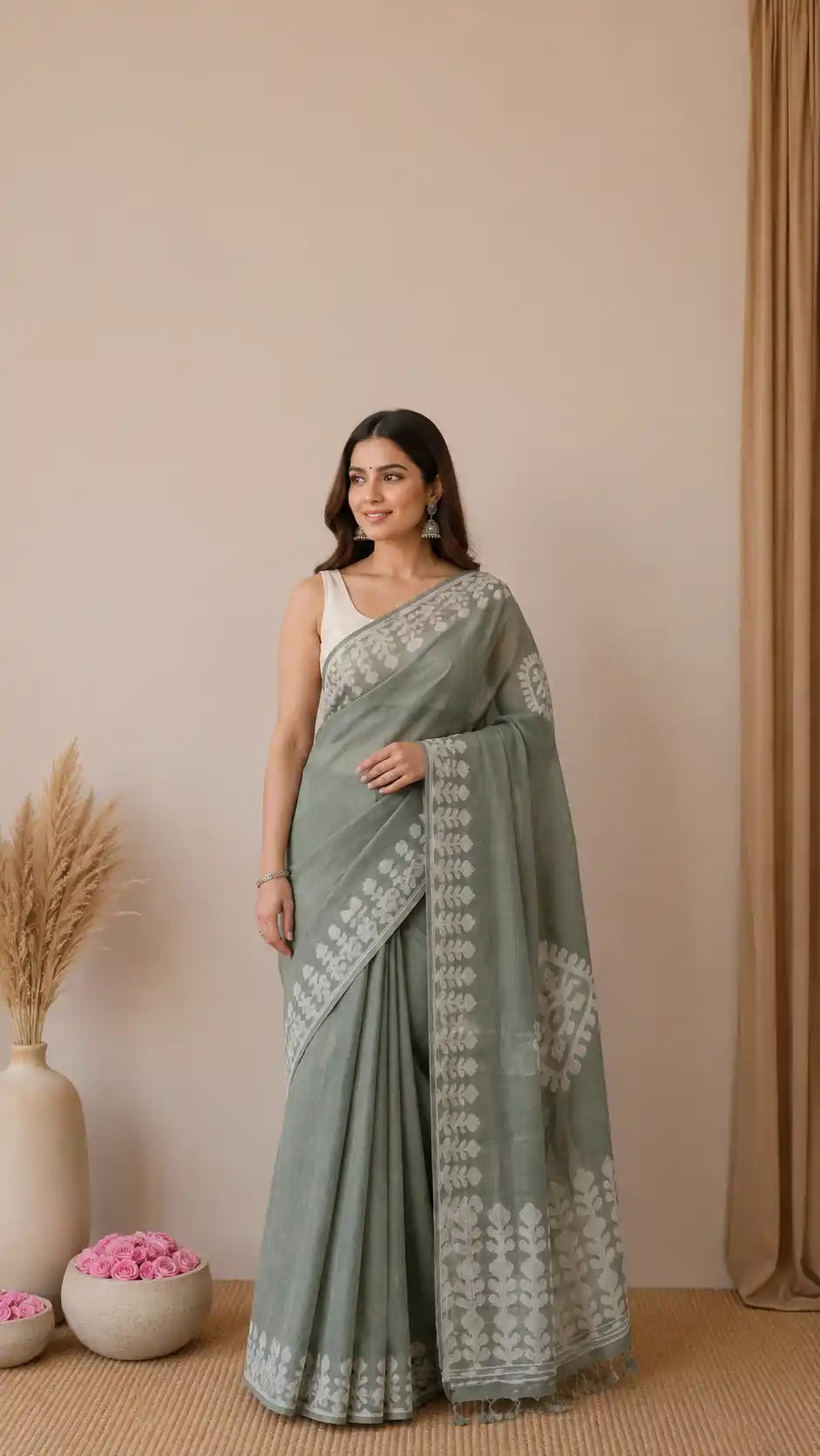 Olive Green Linen Saree | Linen Cotton Saree for Women | Silver Zari Work Linen Saree | Party Wear Olive Green Saree