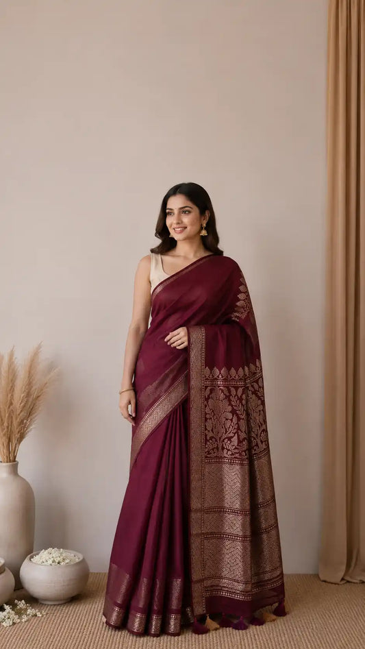 Wine Banarasi Linen Silk Saree | Gold Zari Border Linen Saree | Party Wear Banarasi Linen Collection