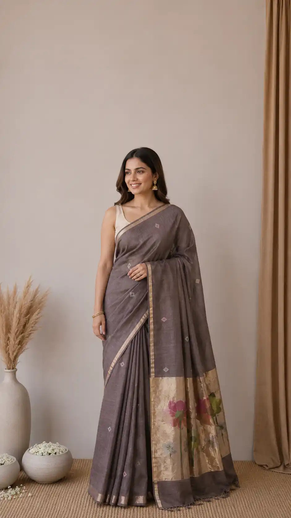 Exclusive tissue silk linen hand jamdani weaving with paithani pallu