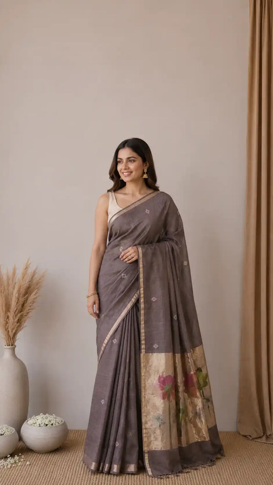 Exclusive tissue silk linen hand jamdani weaving with paithani pallu