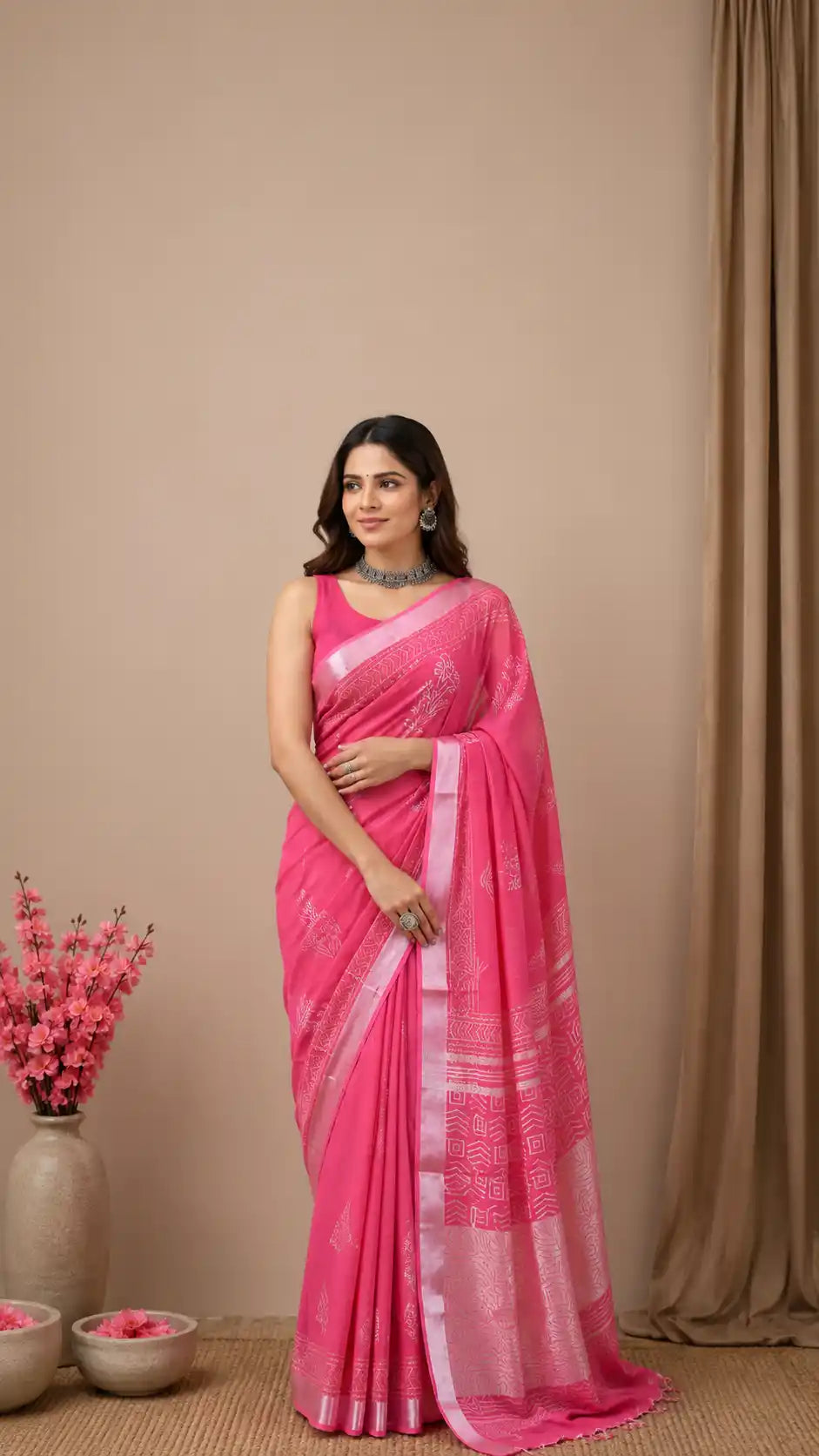 Soft Linen Saree in Pink