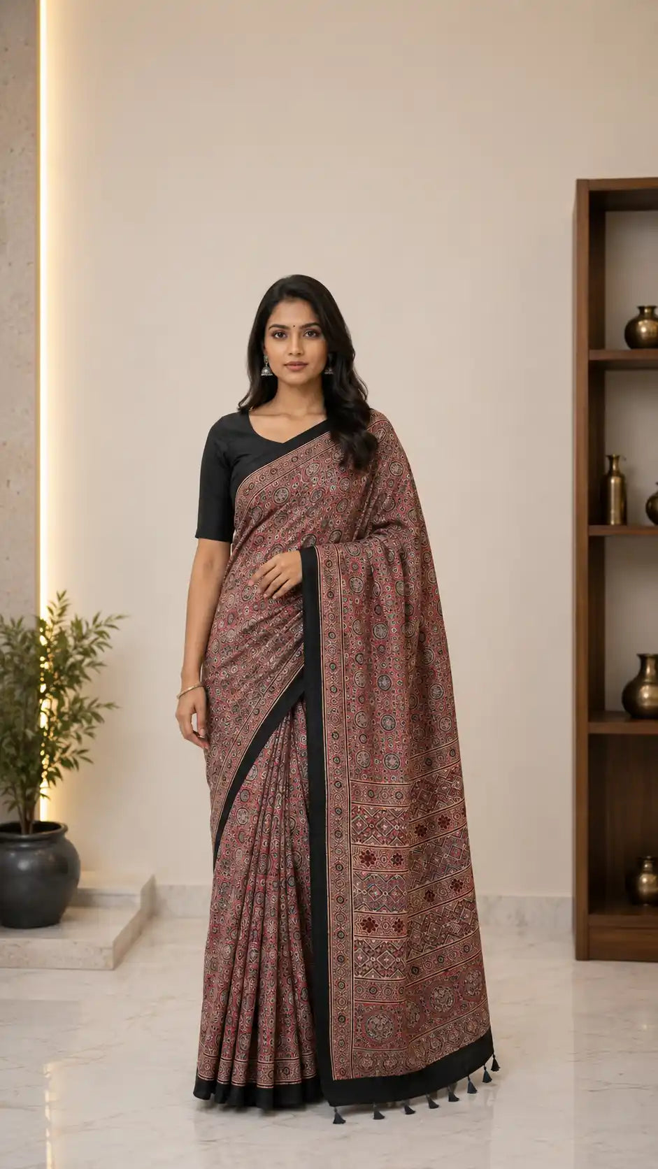Ajrakh Block Printed Modal Silk Saree in Rust