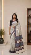 Ajrakh Block Printed Modal Silk Saree in Ivory