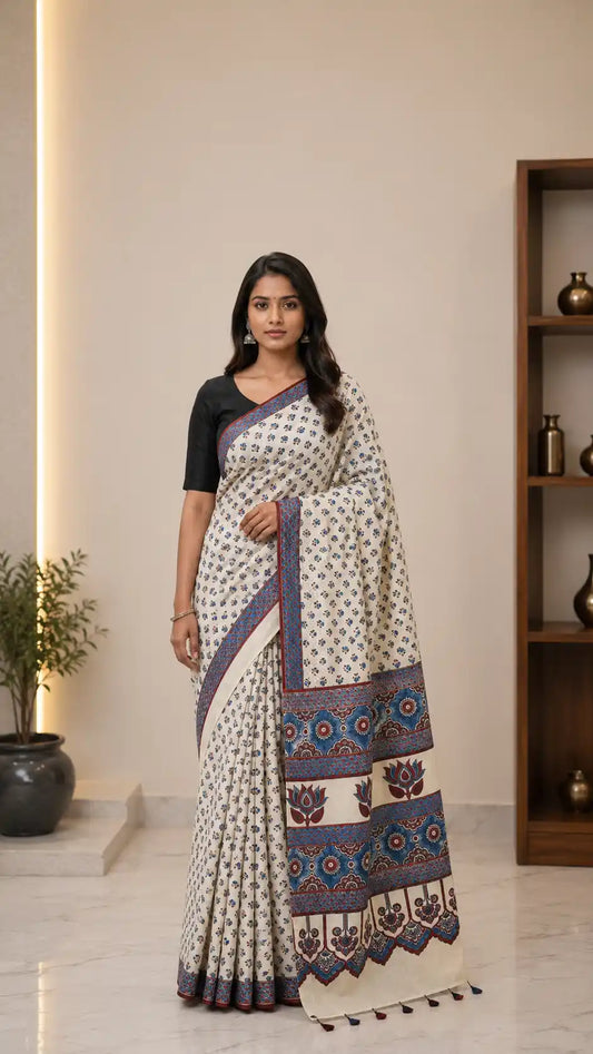 Ajrakh Block Printed Modal Silk Saree in Ivory