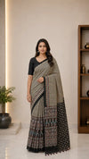 Ajrakh Block Printed Modal Silk Saree in Ivory