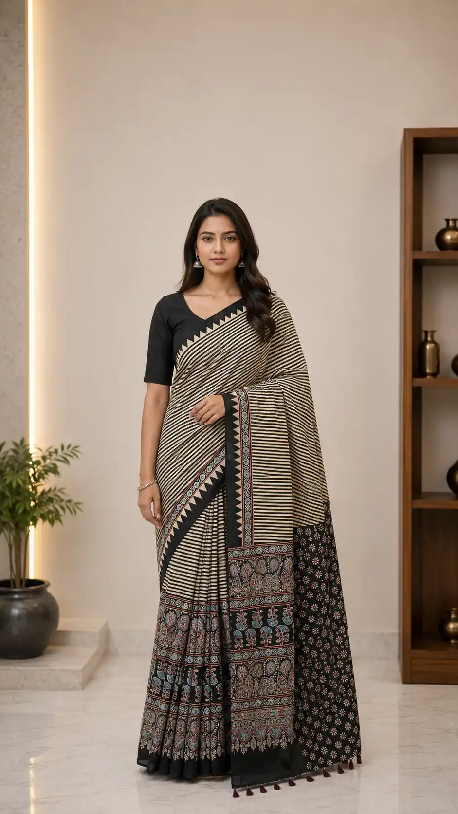 Ajrakh Block Printed Modal Silk Saree in Ivory