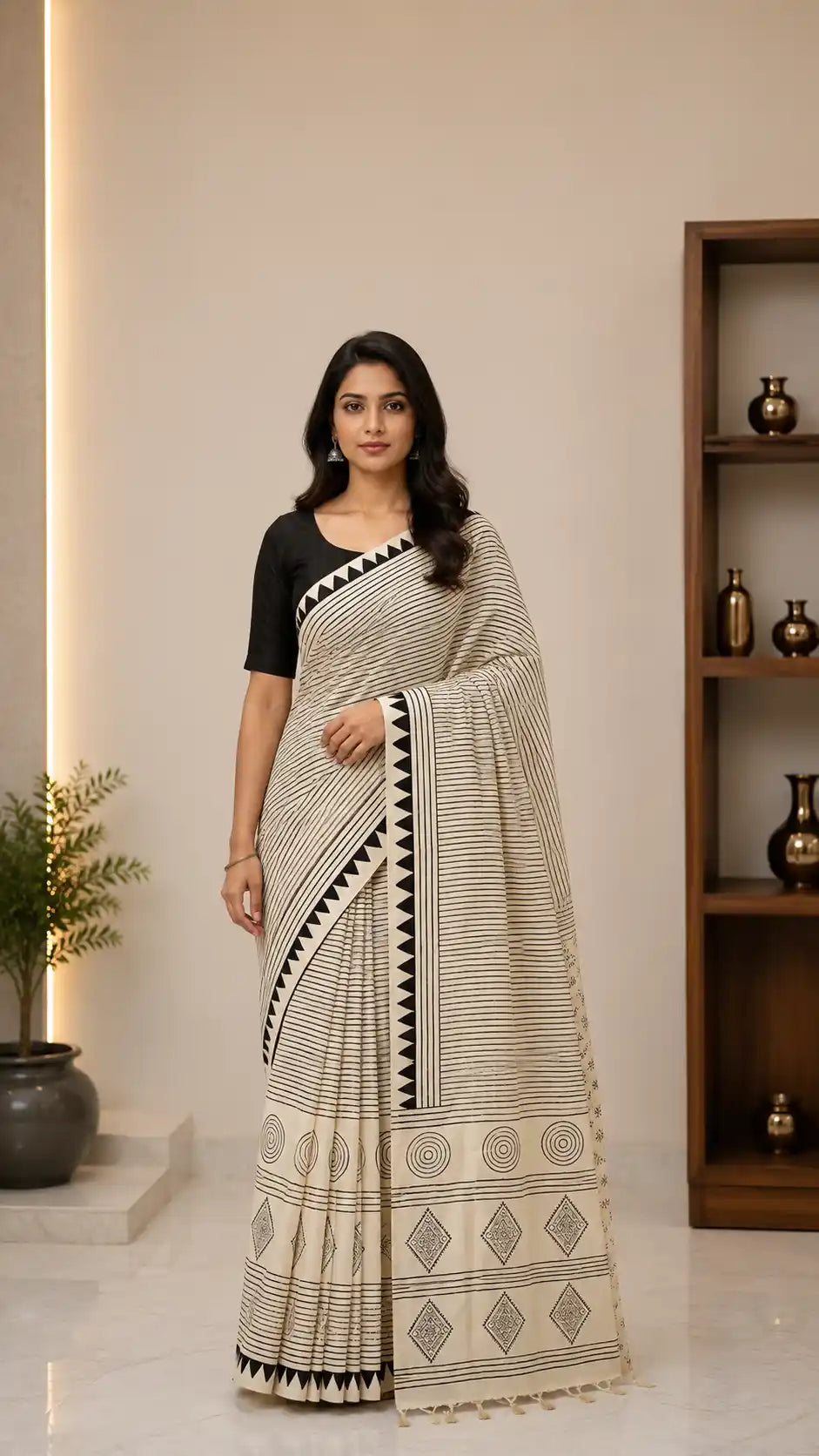 Ajrakh Block Printed Modal Silk Saree in Ivory