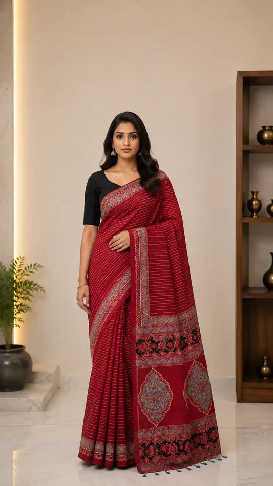 Ajrakh Block Printed Modal Silk Saree in Red