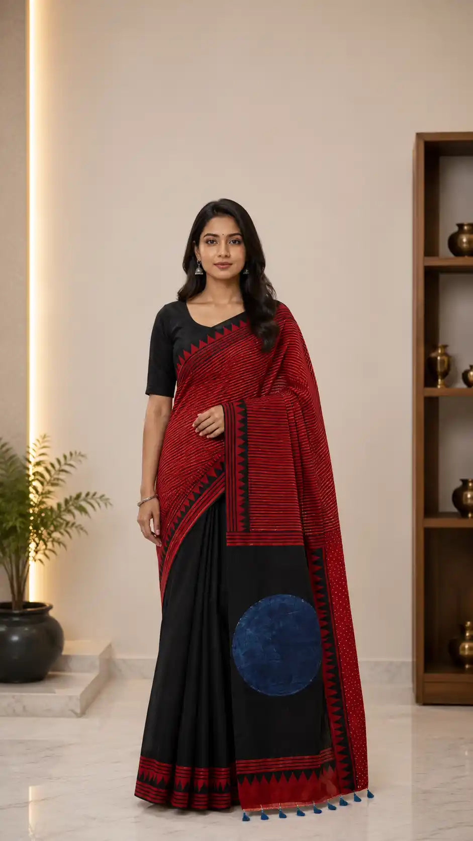 Ajrakh Block Printed Modal Silk Saree in Red