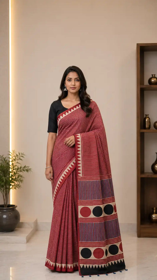 Ajrakh Block Printed Modal Silk Saree in Red
