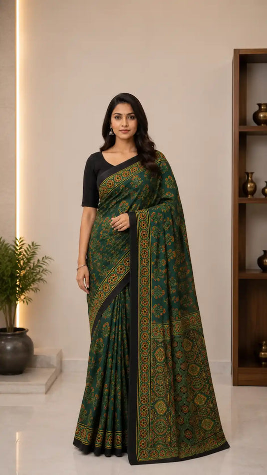 Green Ajrakh Block Printed Modal Silk Saree