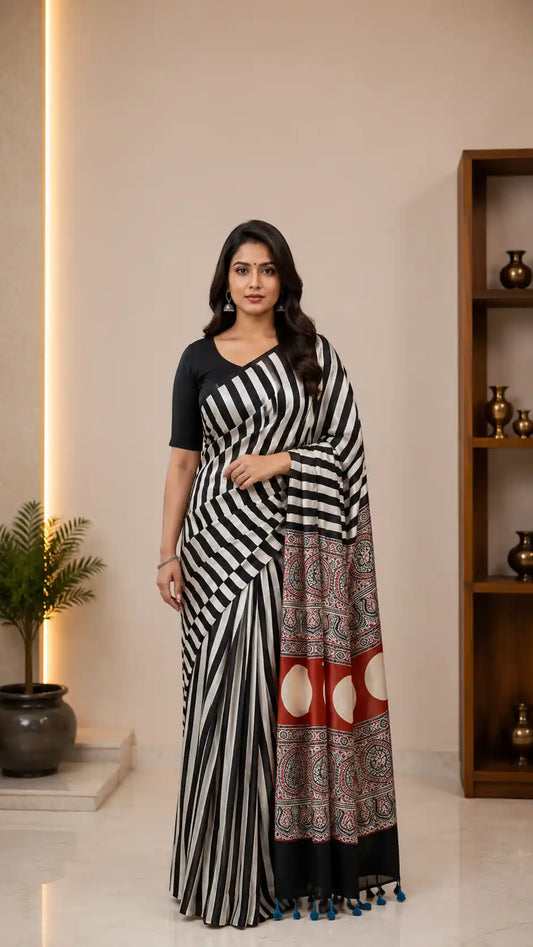White & Black Ajrak Modal Silk Saree | Traditional Hand Block Printed Ethnic Saree for Women