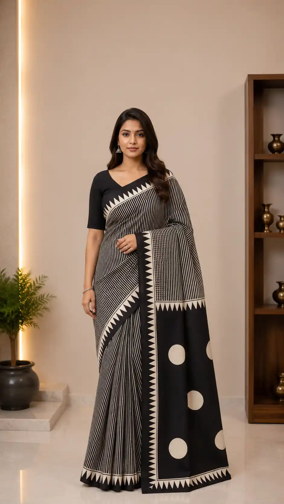Black Stripes Ajrak Modal Silk Saree for Women | Hand Block Printed Silk Ajrak Modal Silk Saree