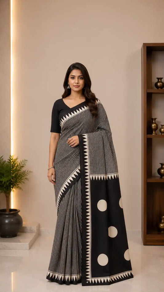 Black Stripes Ajrak Modal Silk Saree for Women | Hand Block Printed Silk Ajrak Modal Silk Saree