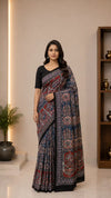 Hand Block Printed Blue Modal Silk Saree | Authentic Ajrak Design