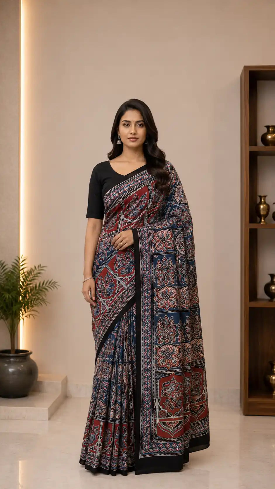 Hand Block Printed Blue Modal Silk Saree | Authentic Ajrak Design
