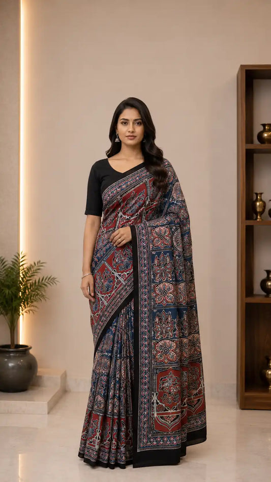 Hand Block Printed Blue Modal Silk Saree | Authentic Ajrak Design