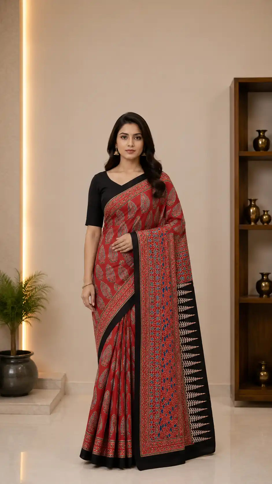 Red Ajrakh Modal Silk Saree for Women | Hand Block Printed Silk Ajrak Modal Silk Saree