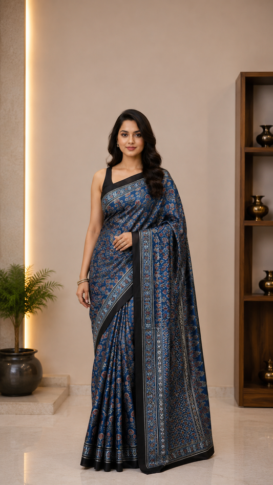 Blue Ajrak Block Printed Modal Silk Saree | Silk Ajrak Modal Silk Saree for Women