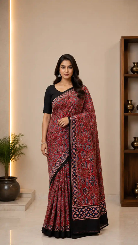 Pure Red Modal Silk Saree | Hand-Block Ajrak Print | Traditional Ethnic Wear