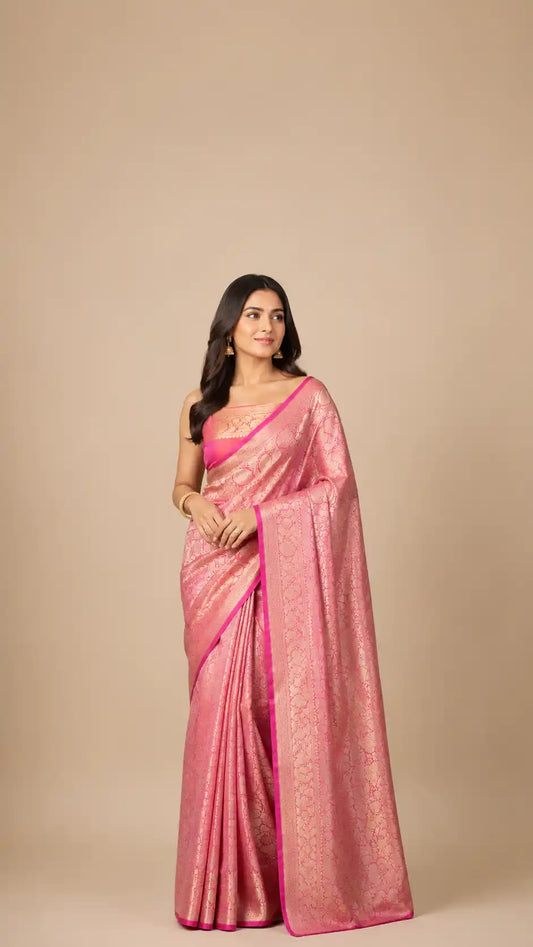 Pink Pure Katan Silk Banarasi Handloom Saree - Tanchui Brocade